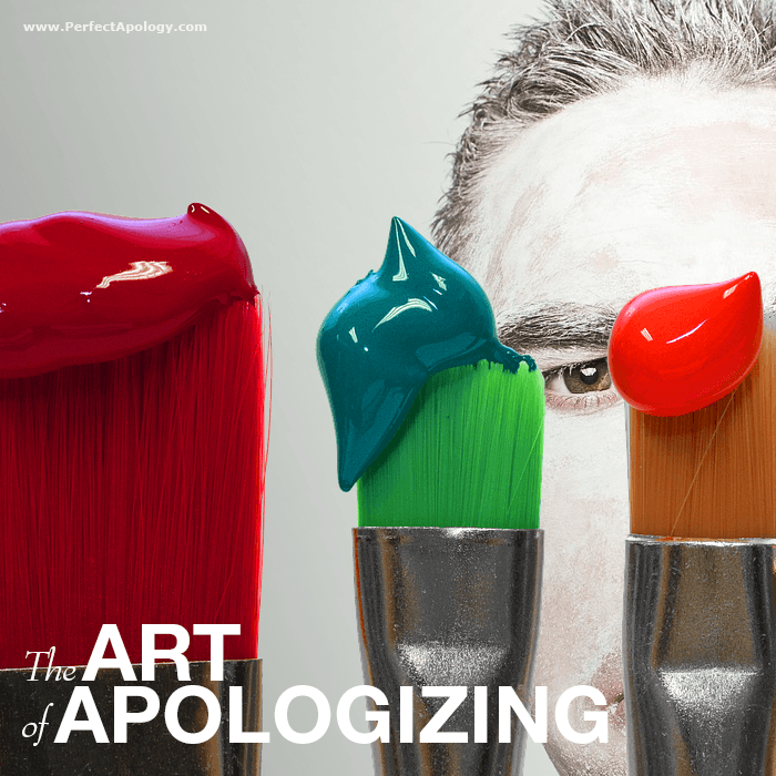 Best ways to deliver an Apology. Man's face with white paint behind colorful paint brushes with globs of paint on them
