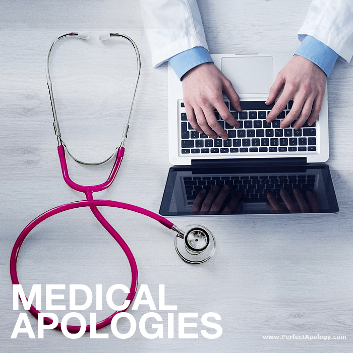 Medical Apologies Doctor typing on a laptop with a stethoscope on the desk