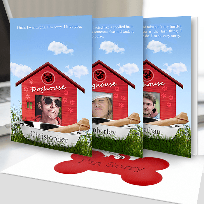 Apology Card About Being in the Doghouse customized card that say s sorry and shows a doghouse with a dog bowl and chew toy