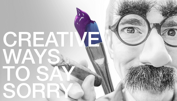 Different Ways to Say Sorry Man wearing Groucho Marx glasses and mustache holding a cigar with a paintbrush with purple paint
