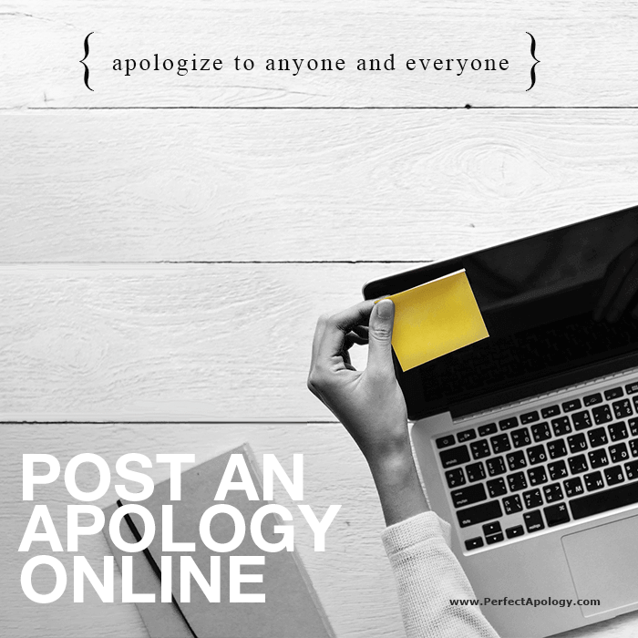 Post an Apology Online laptop computer with a post it not and a person typing