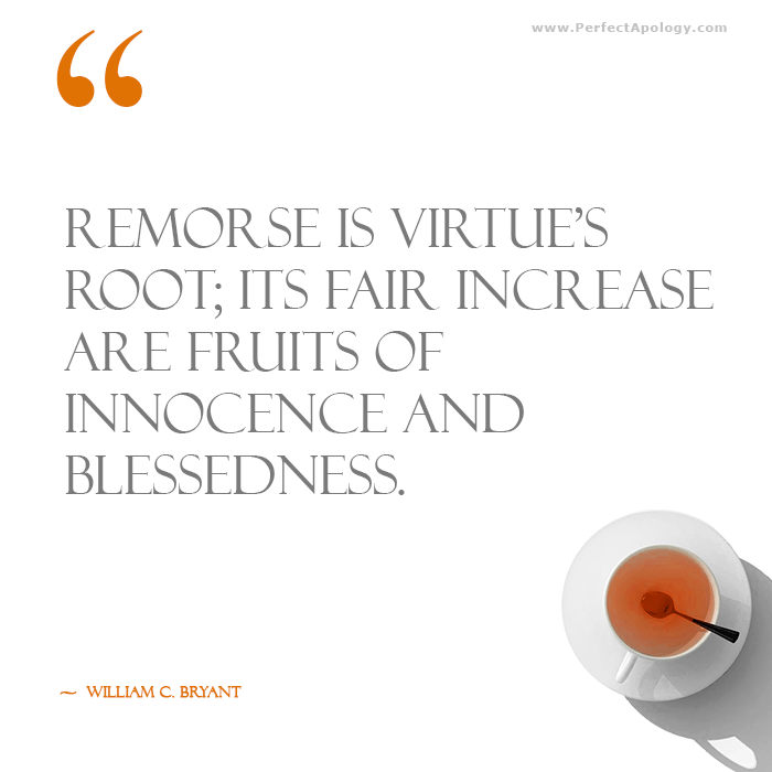 Remorse is virtue's root; its fair increase are fruits of innocence and blessedness. An apology quote by William C. Bryant alongside a cup of tea