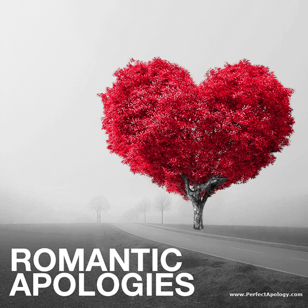 Romantic Apologies red heart shaped tree in a misty landscape